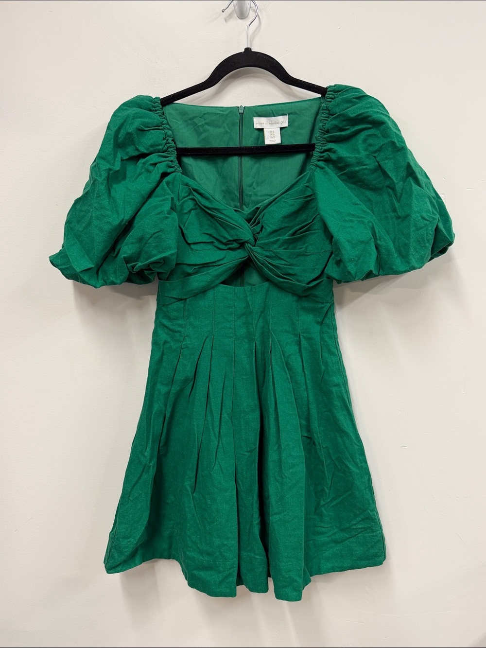 House of Harlow 1960 Green Puff-Sleeve linen Twist-Front Mini Dress 0